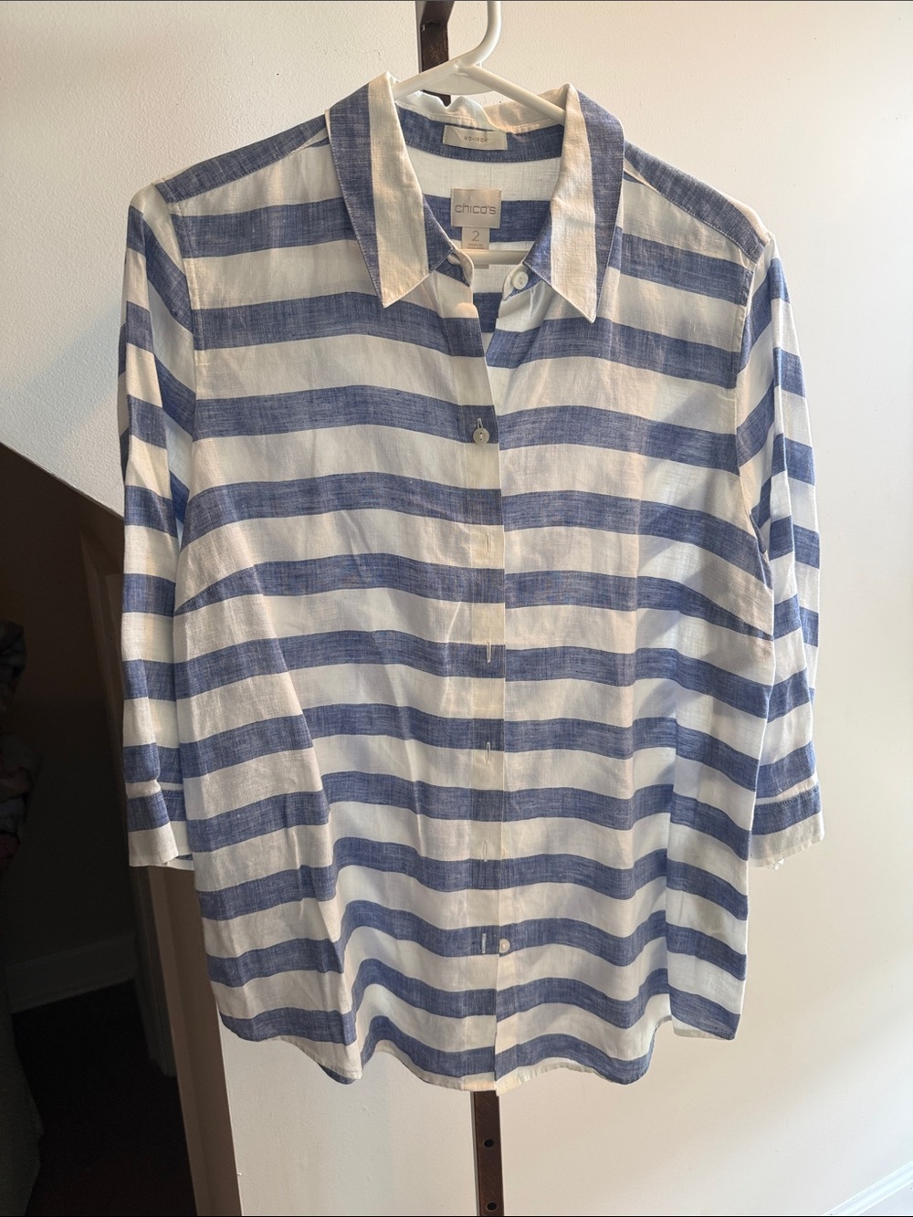 Chico's White and Blue Horizontal Stripe Button-Down Shirt